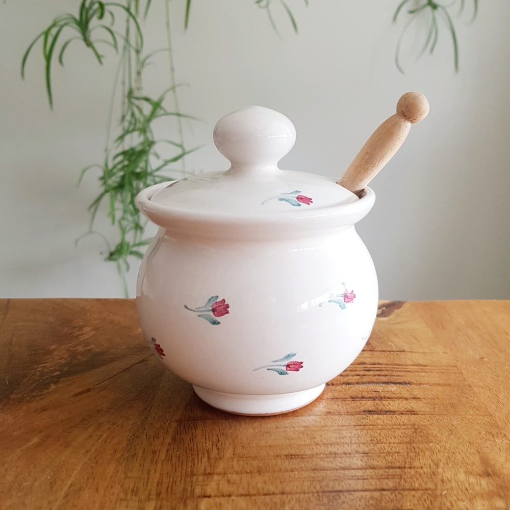 Vintage Floral Ceramic Pottery Honey Pot